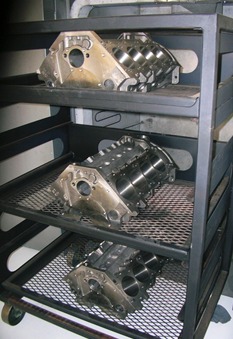 V8 cast iron engine blocks awaiting oven